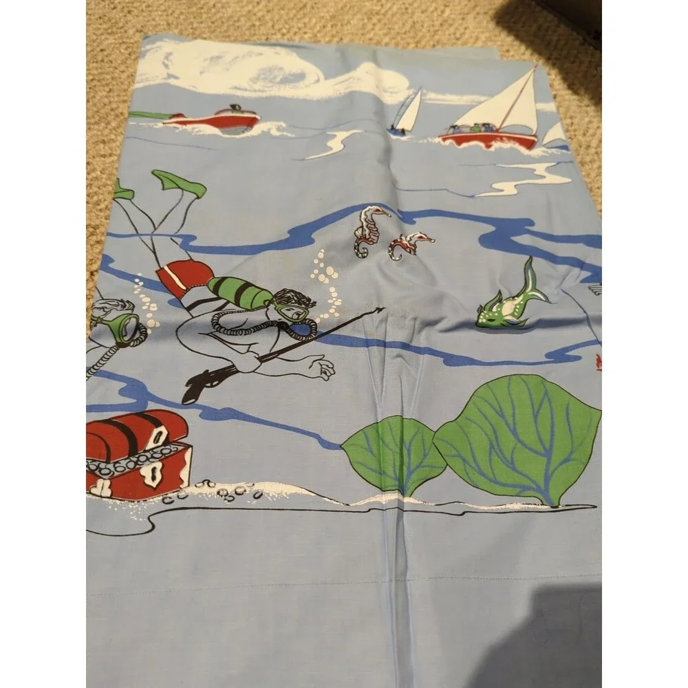 Vintage Lady Pepperell Water Sport Bed Sheets Pillowcase Twin Blue Ocean Dive